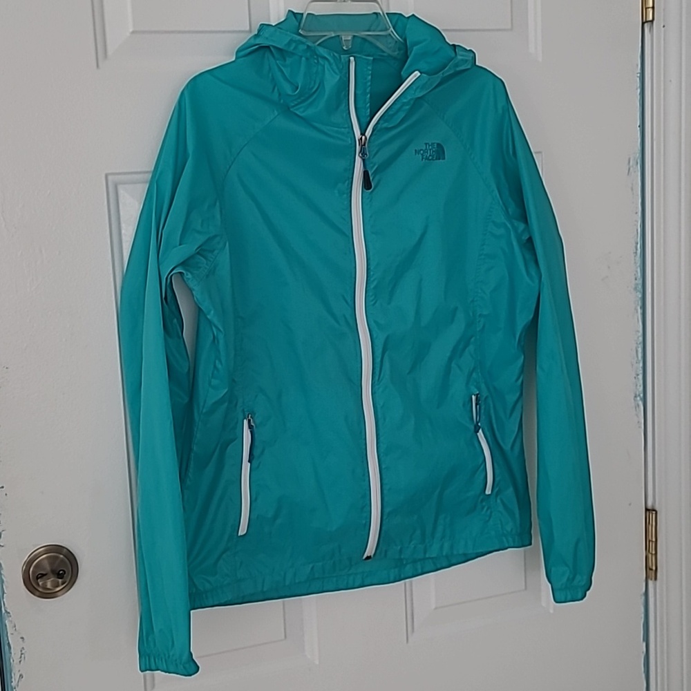The North Face Women's Aqua Blue Hooded Shell Jacket (Windbreaker) - Picture 3 of 12